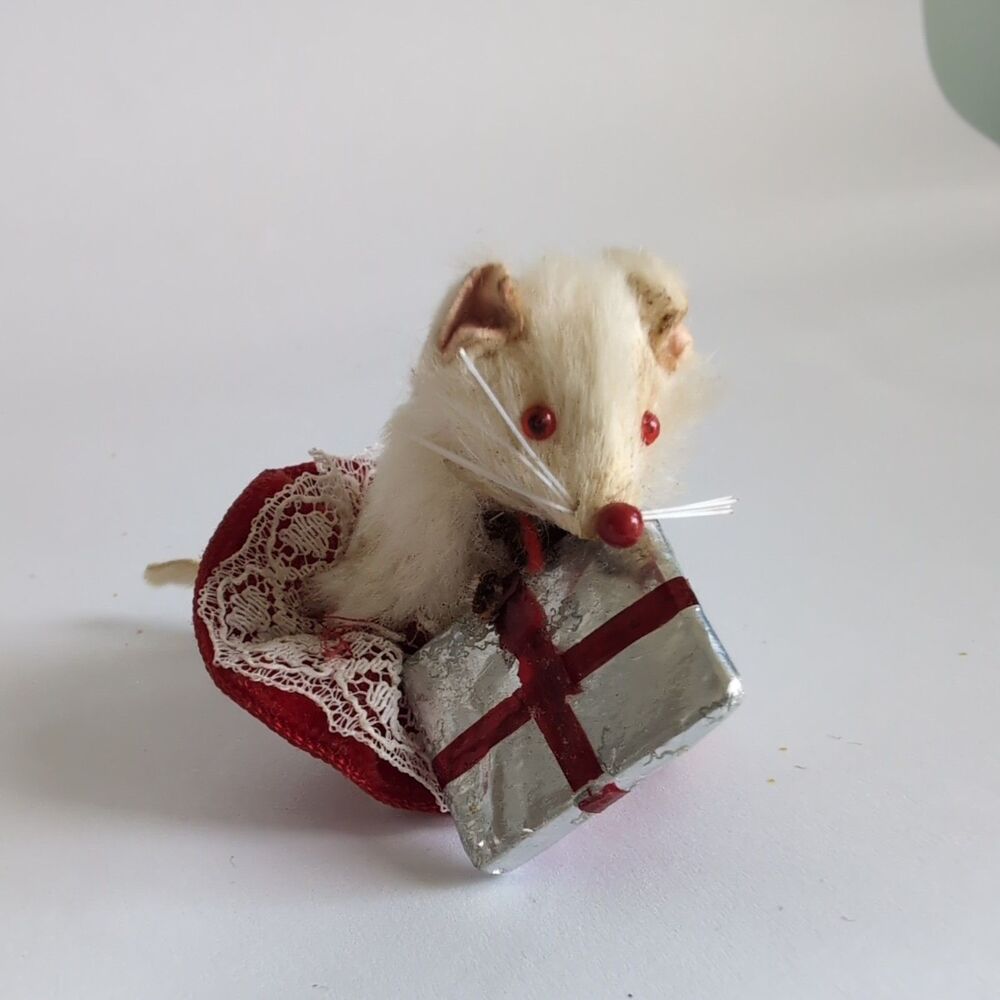 Vtg Original Fur Toys Mouse Doll Miniature Christmas Gift Red Skirt Germany